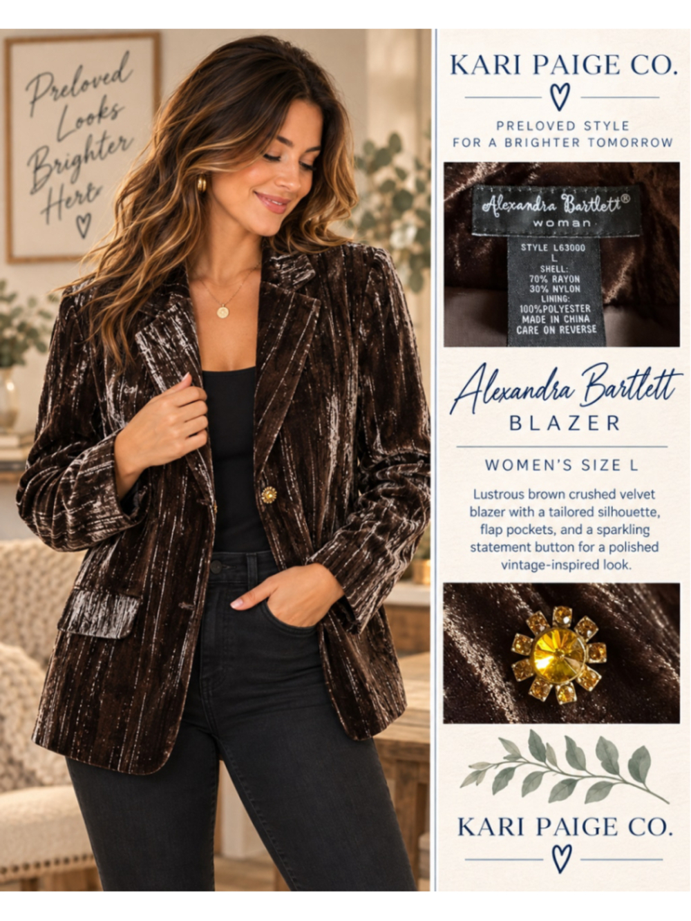 Women's Alexandra Bartlett Brown Velvet Blazer, Size L